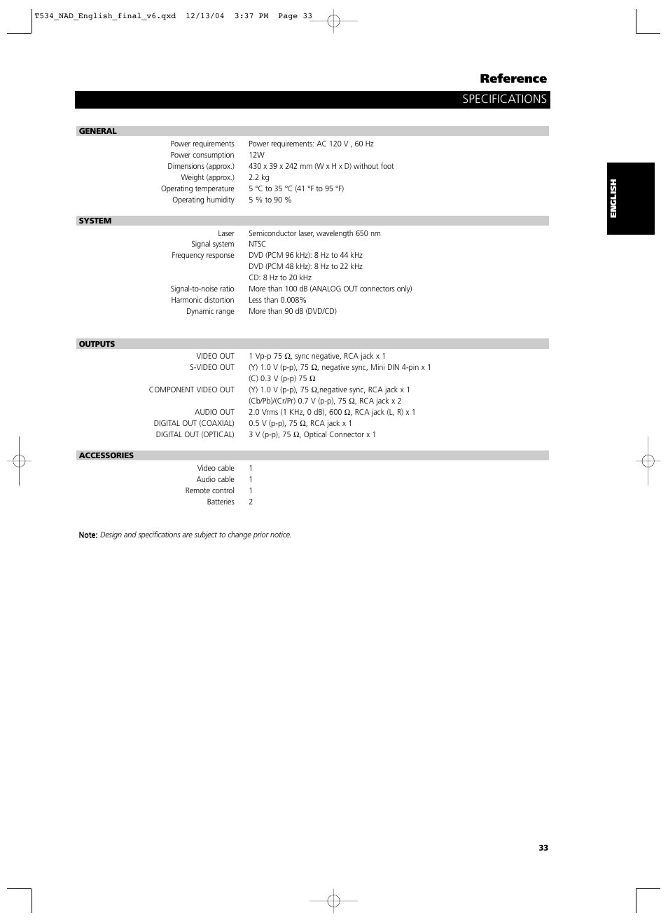 Reference specifications | NAD T534 User Manual | Page 33 / 34