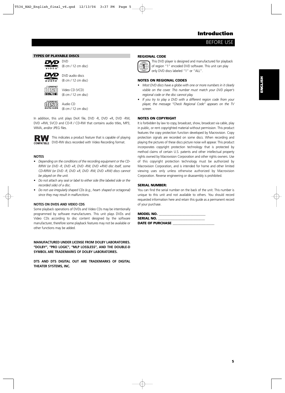Introduction, Before use | NAD T534 User Manual | Page 5 / 34