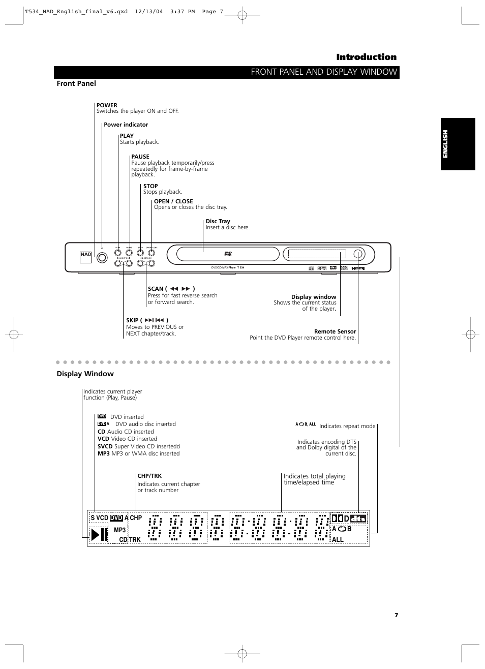Introduction, Front panel and display window | NAD T534 User Manual | Page 7 / 34