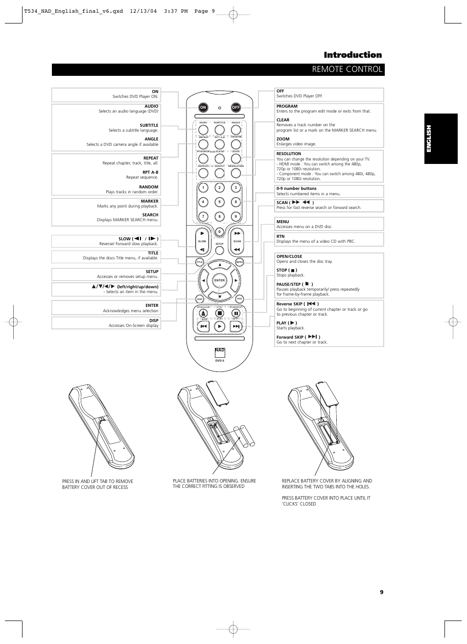 Introduction, Remote control | NAD T534 User Manual | Page 9 / 34