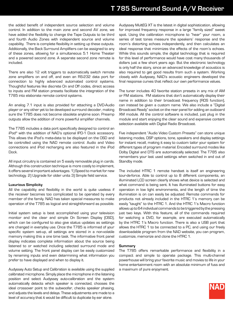 T 785 surround sound a/v receiver | NAD T785 User Manual | Page 3 / 4