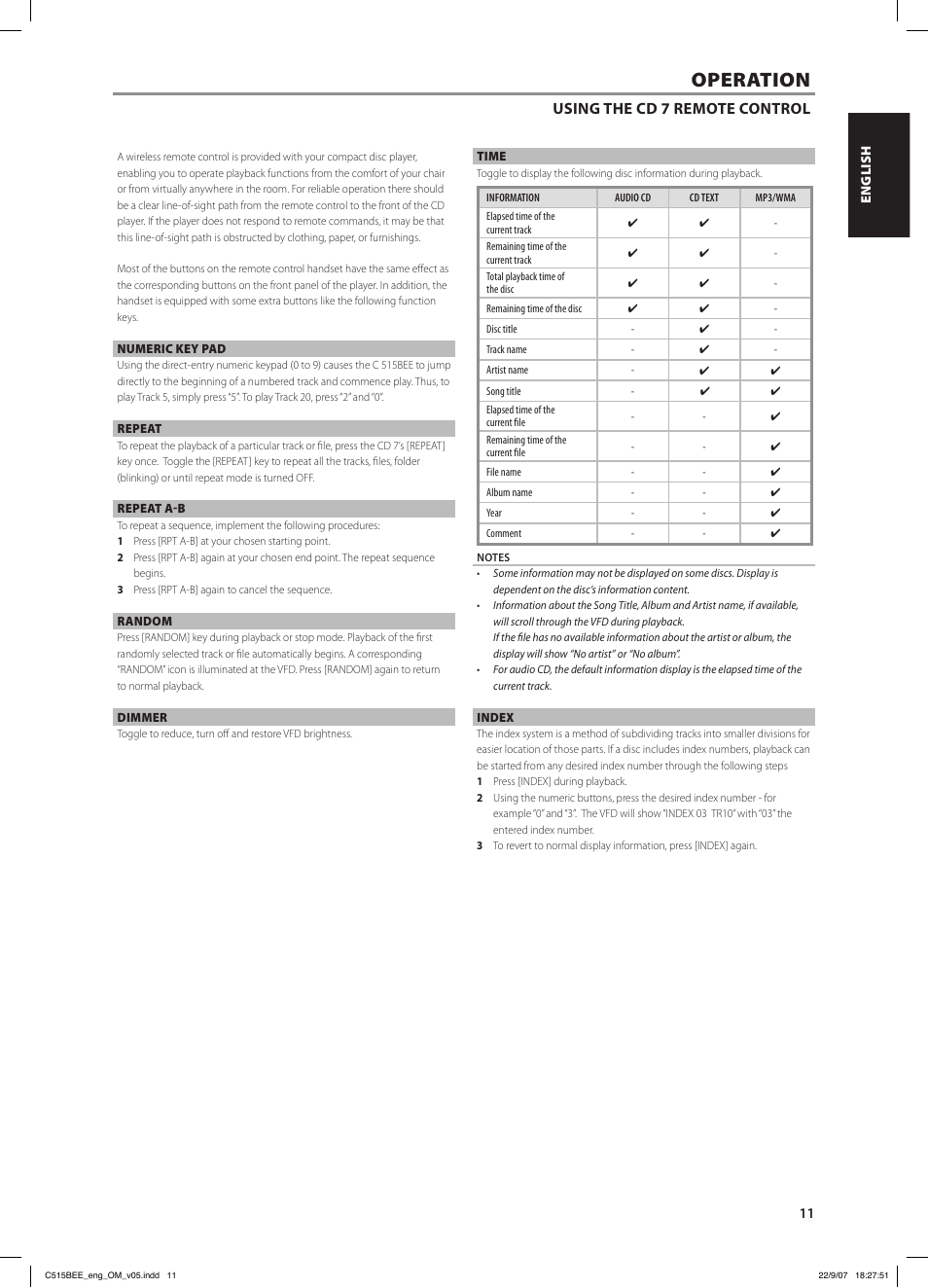 Operation, Using the cd 7 remote control | NAD C515BEE User Manual | Page 11 / 14