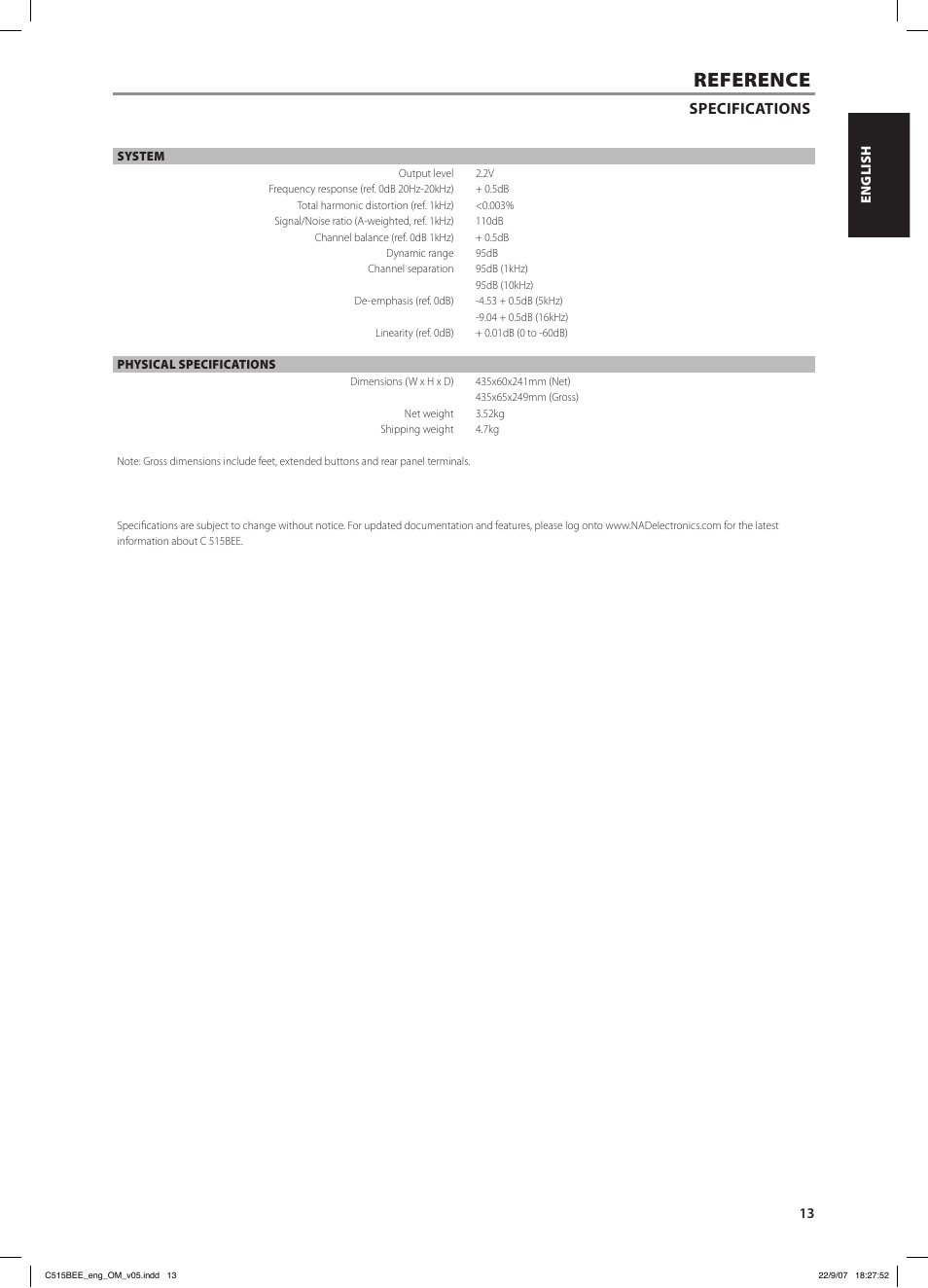 Reference, Specifications | NAD C515BEE User Manual | Page 13 / 14