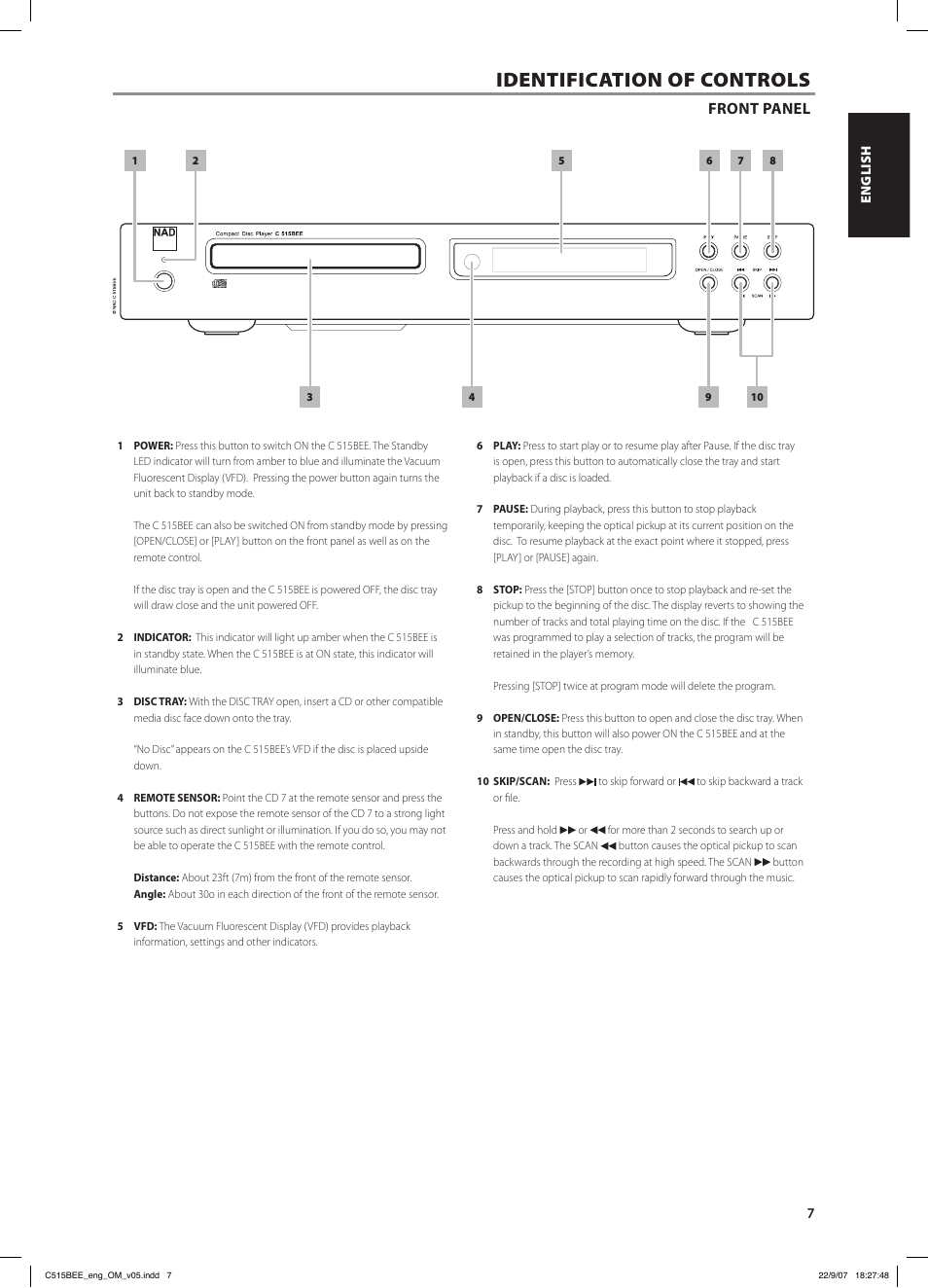 Identification of controls, Front panel | NAD C515BEE User Manual | Page 7 / 14