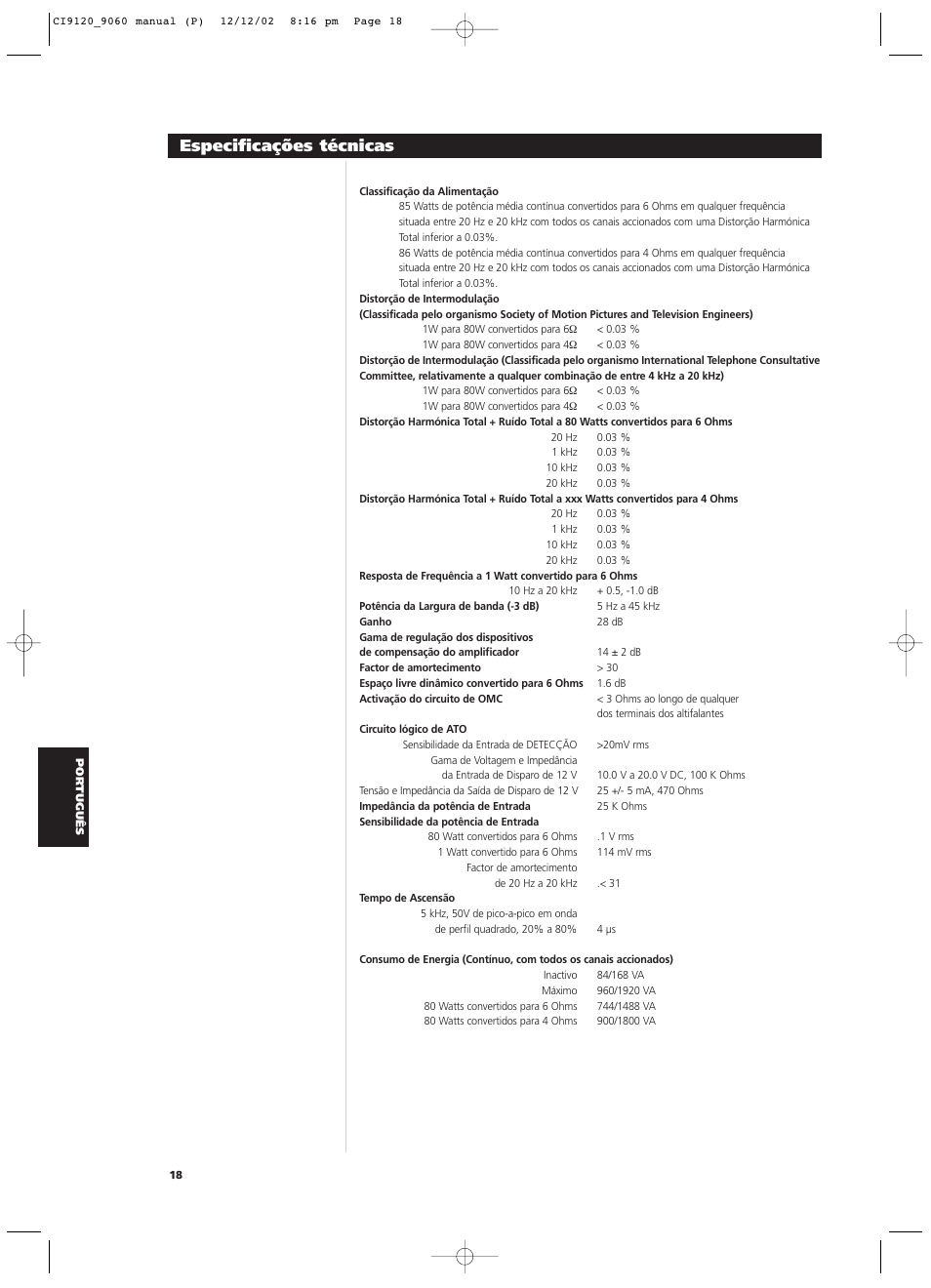 Especificações técnicas | NAD CI9060 User Manual | Page 108 / 146