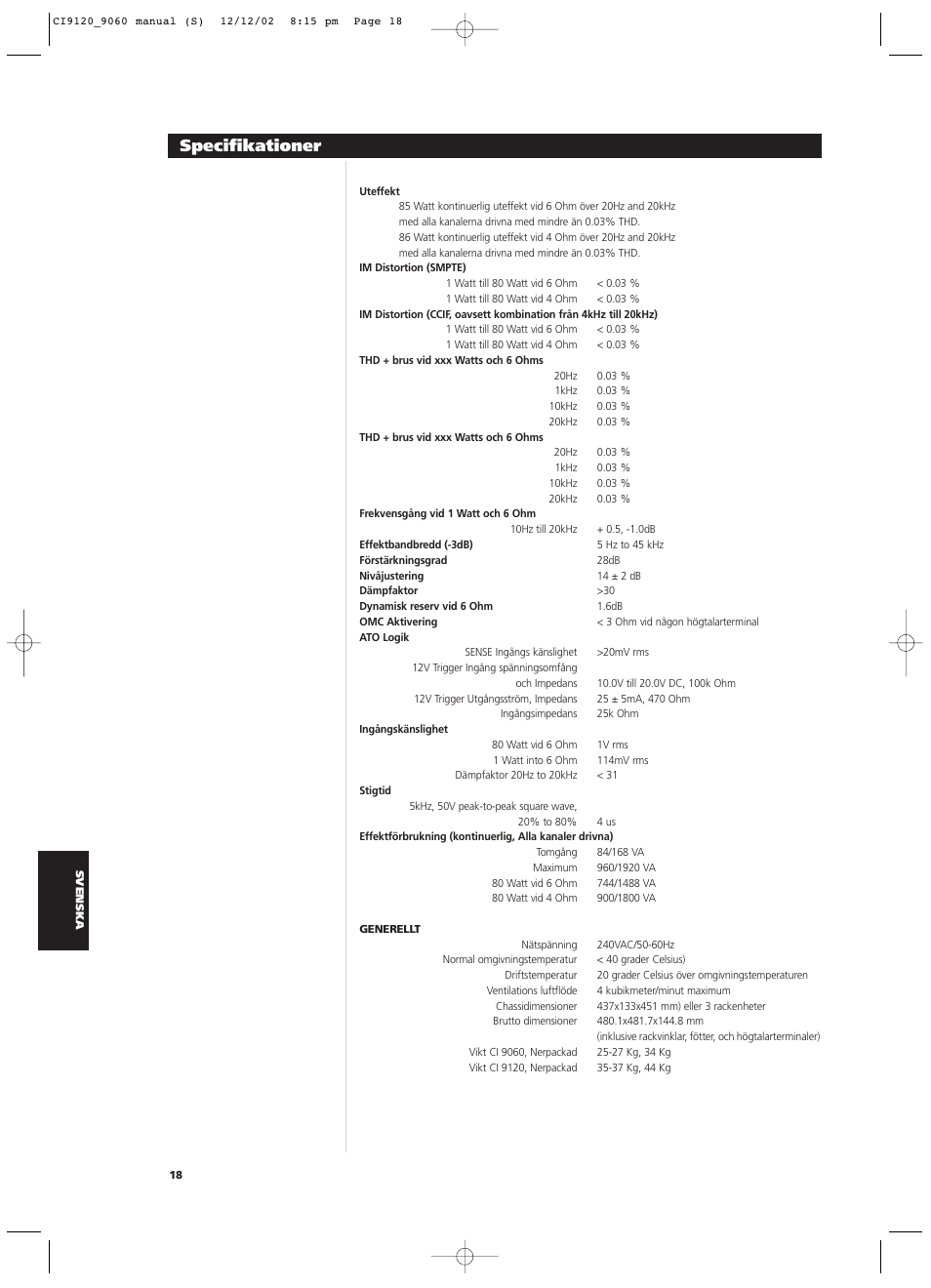 Specifikationer | NAD CI9060 User Manual | Page 126 / 146