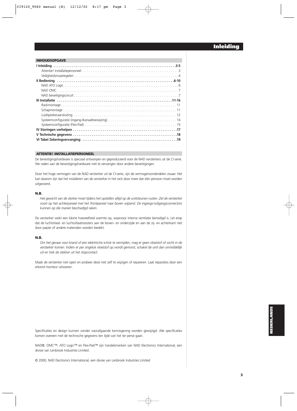 Inleiding | NAD CI9060 User Manual | Page 129 / 146