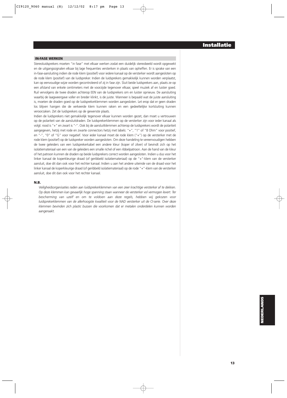 Installatie | NAD CI9060 User Manual | Page 139 / 146