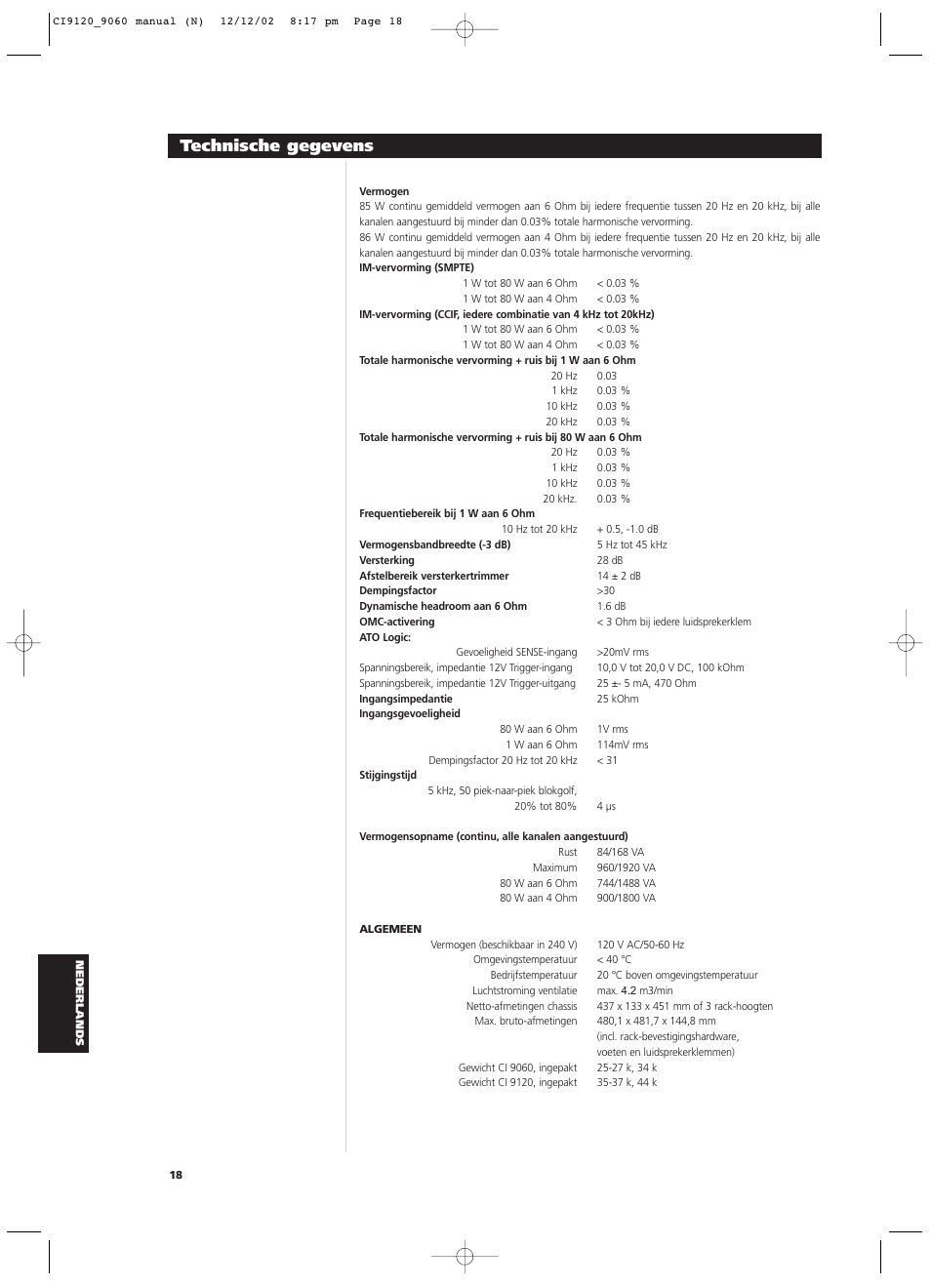 Technische gegevens | NAD CI9060 User Manual | Page 144 / 146