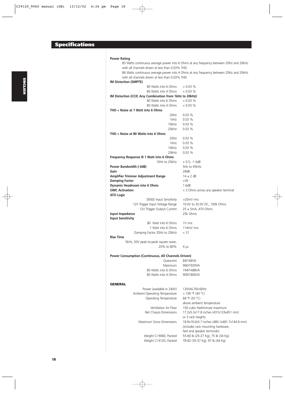 Specifications | NAD CI9060 User Manual | Page 18 / 146