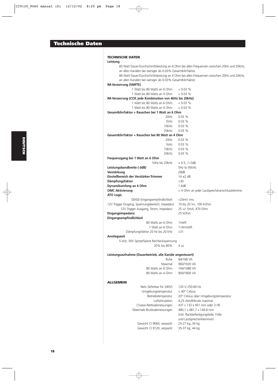 Technische daten | NAD CI9060 User Manual | Page 54 / 146