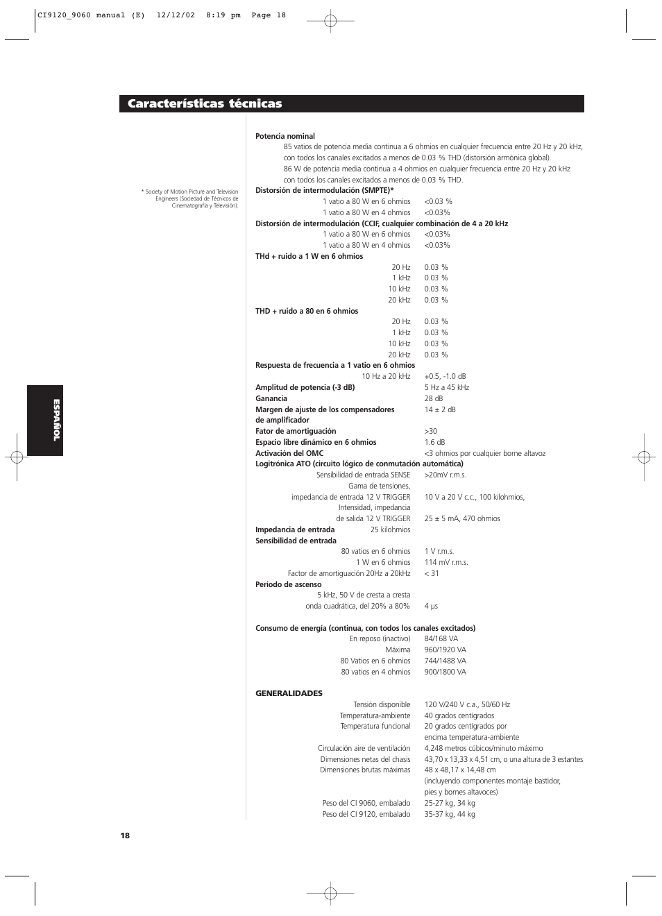 Características técnicas | NAD CI9060 User Manual | Page 72 / 146