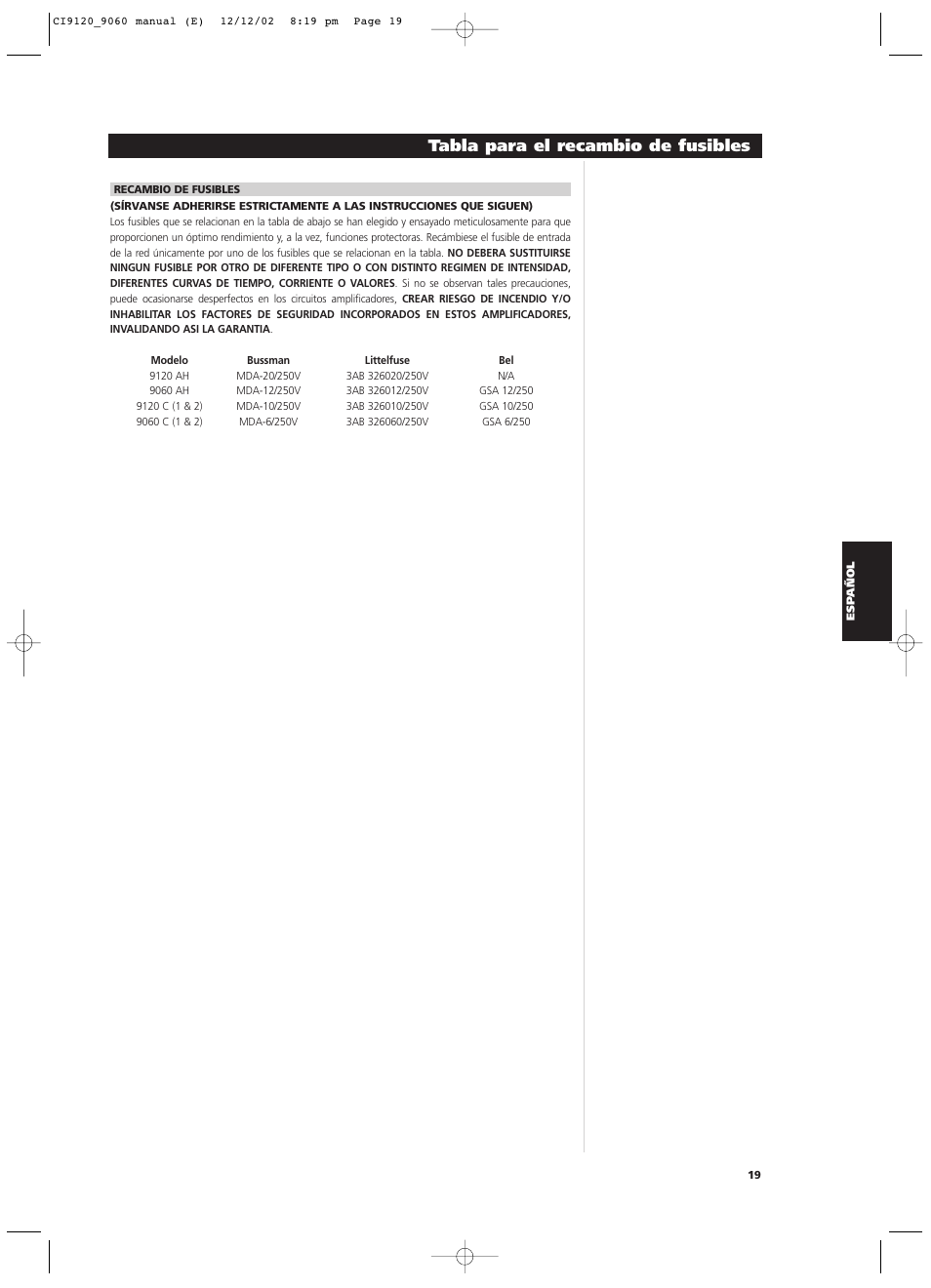 Tabla para el recambio de fusibles | NAD CI9060 User Manual | Page 73 / 146