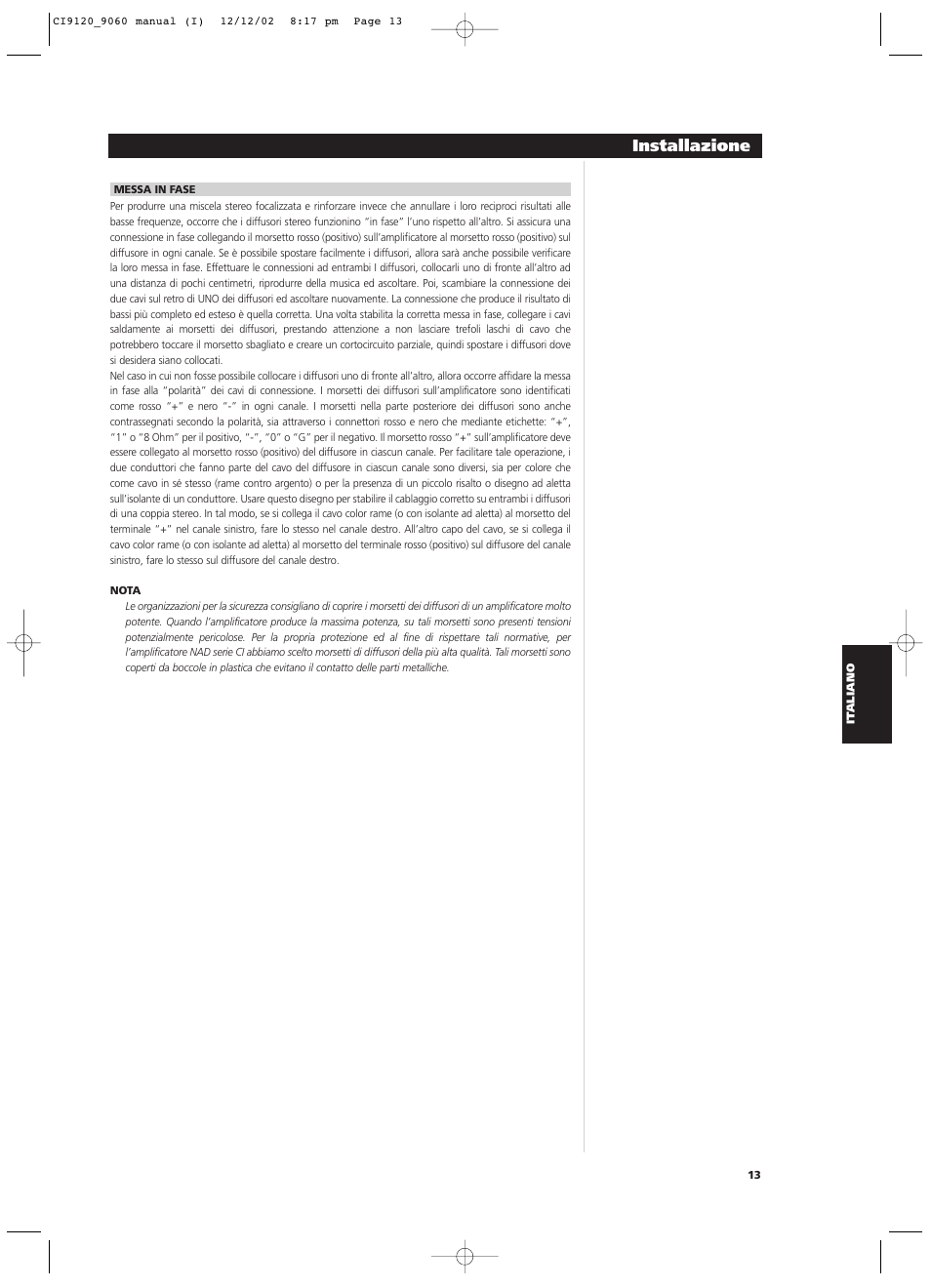 Installazione | NAD CI9060 User Manual | Page 85 / 146