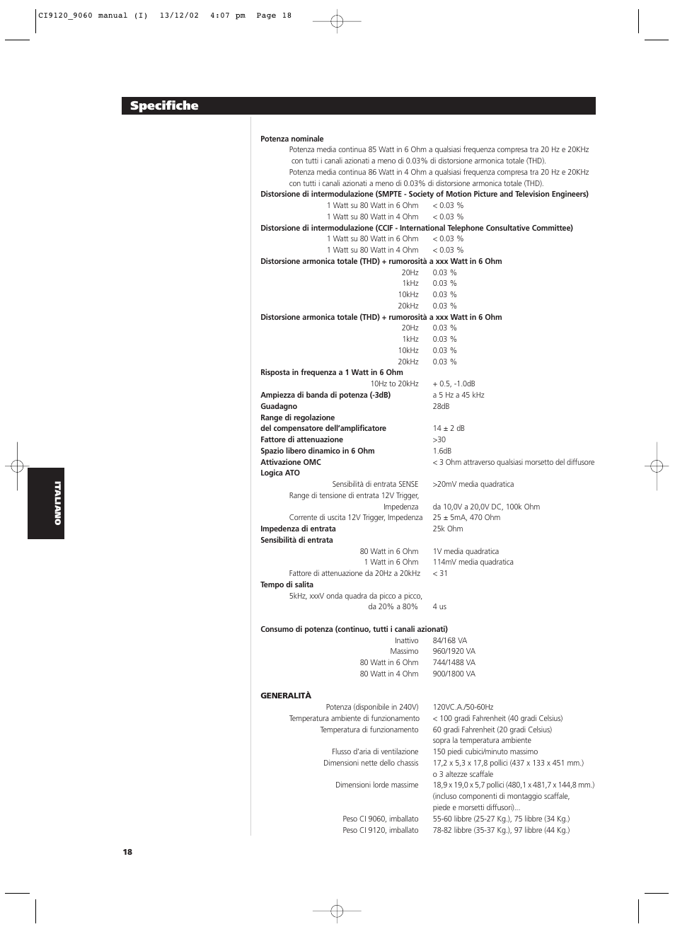 Specifiche | NAD CI9060 User Manual | Page 90 / 146