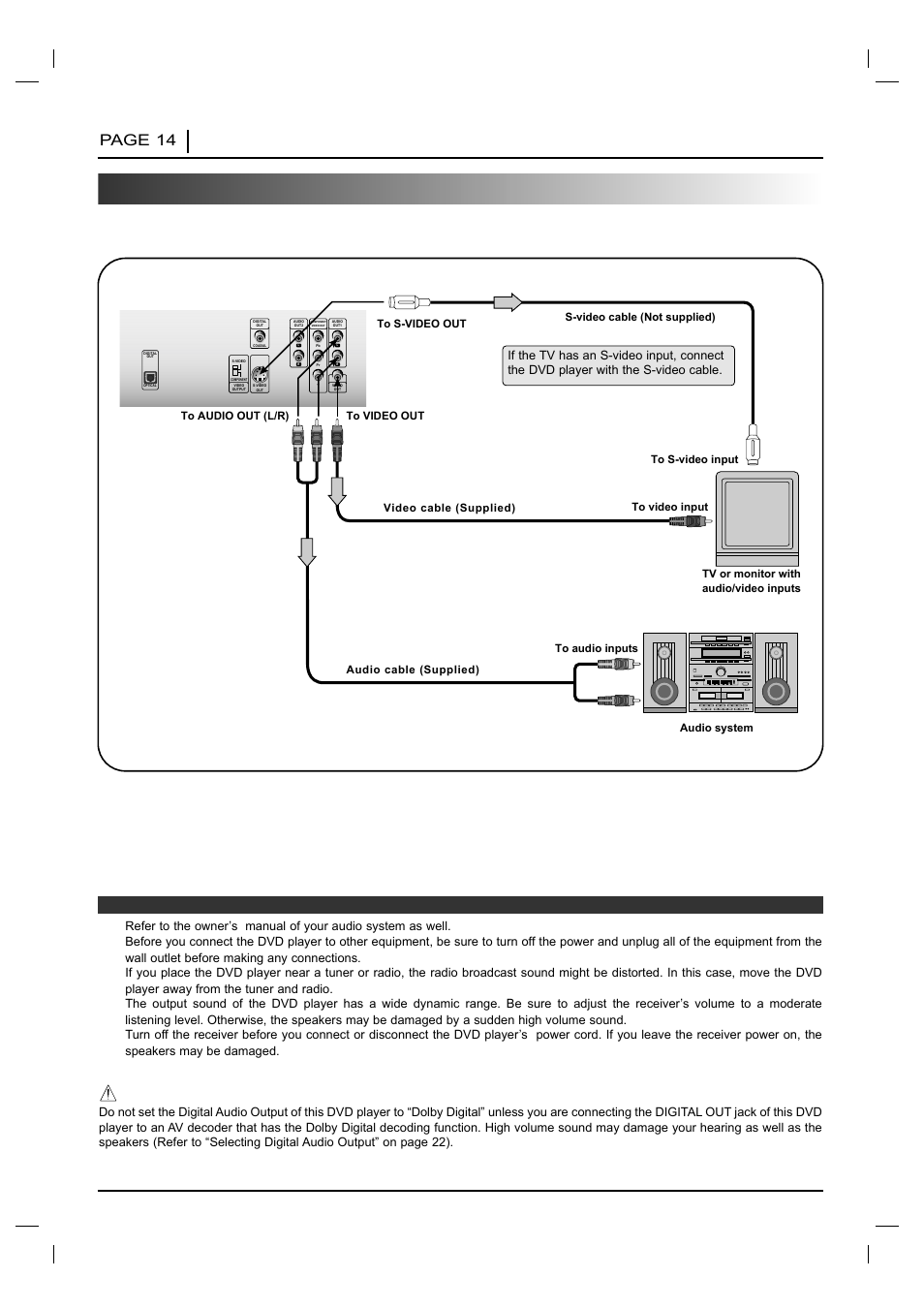 Connecting to a stereo system, Page 14 connections, Warning | NAD T 531 User Manual | Page 14 / 43