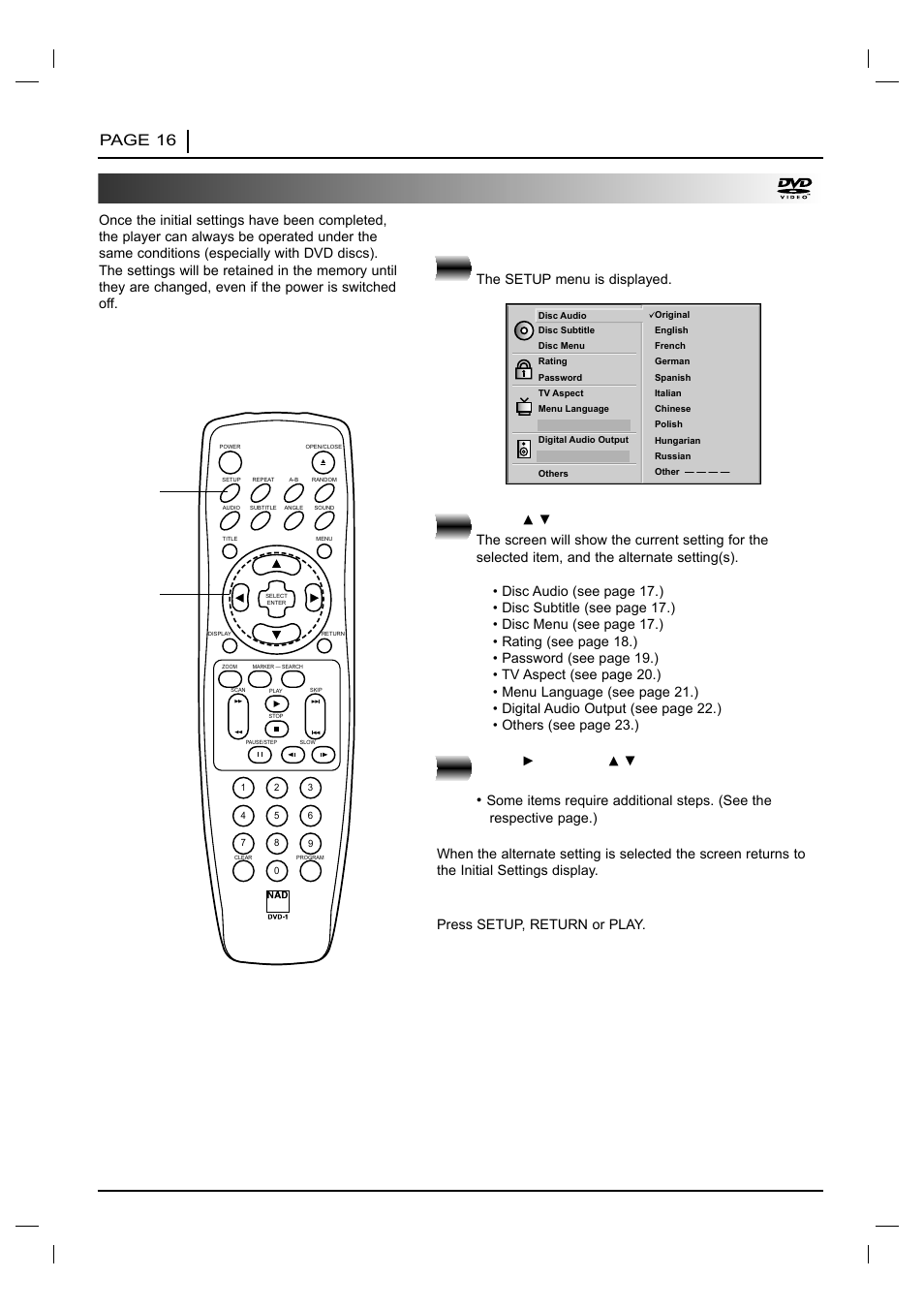 Selection of initial settings, Press setup in the stop or playback mode, Press | And then, Page 16 initial settings | NAD T 531 User Manual | Page 16 / 43