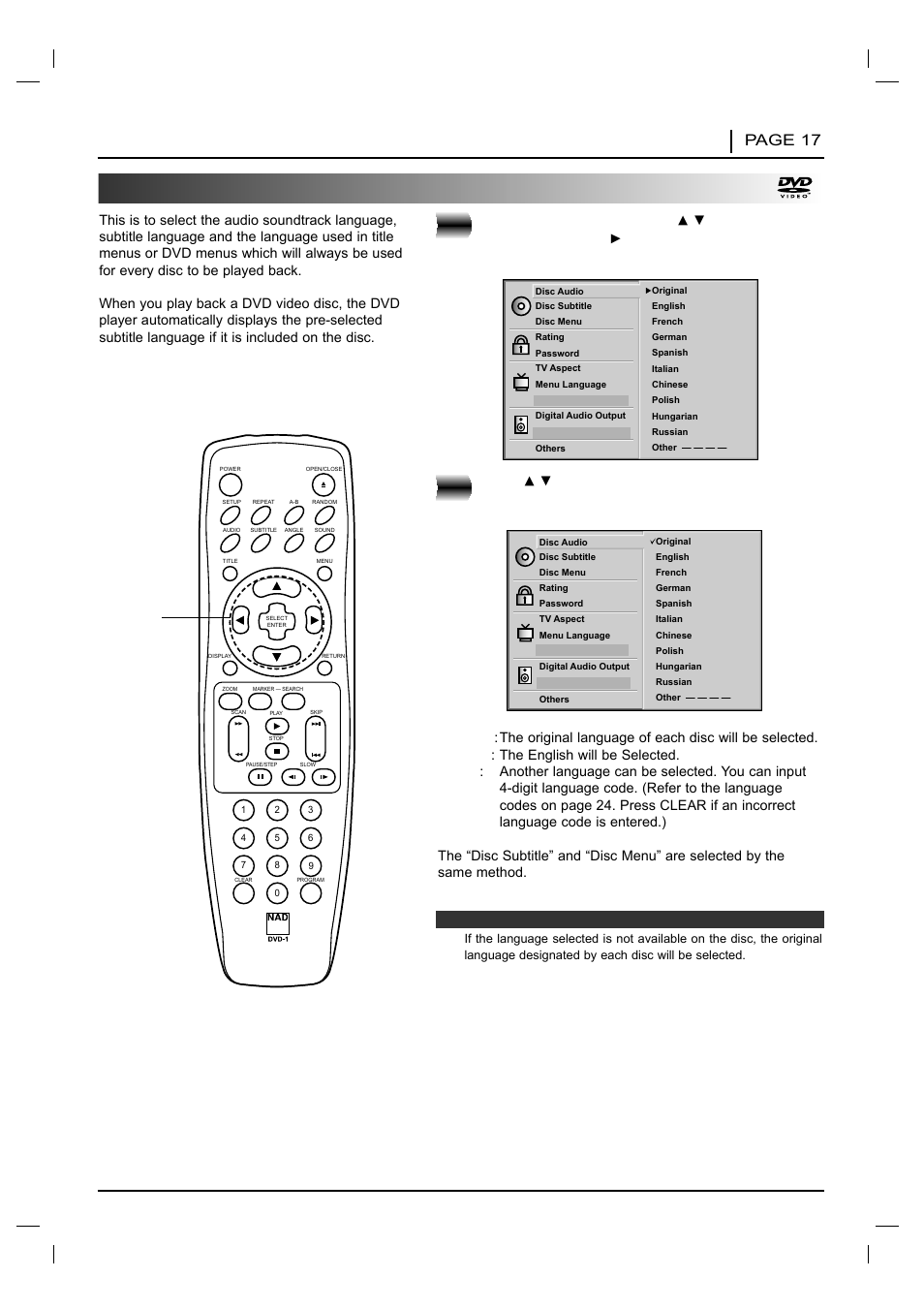 Selecting disc languages, Initial settings page 17, At the setup screen, press | Press | NAD T 531 User Manual | Page 17 / 43