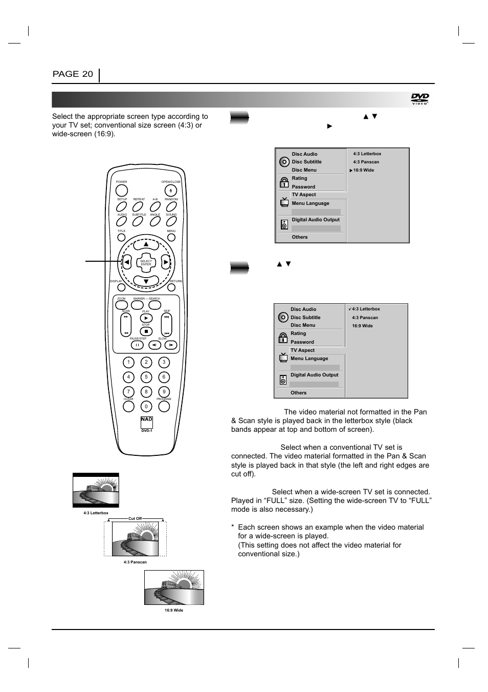 Selecting tv aspect, At the setup screen, press, Press | Page 20 initial settings | NAD T 531 User Manual | Page 20 / 43