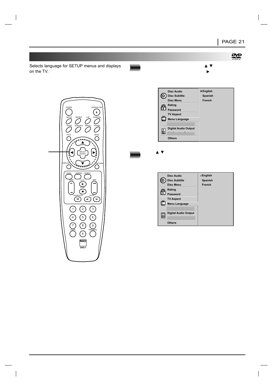 Selecting menu language, Initial settings page 21, At the setup screen, press | Press | NAD T 531 User Manual | Page 21 / 43