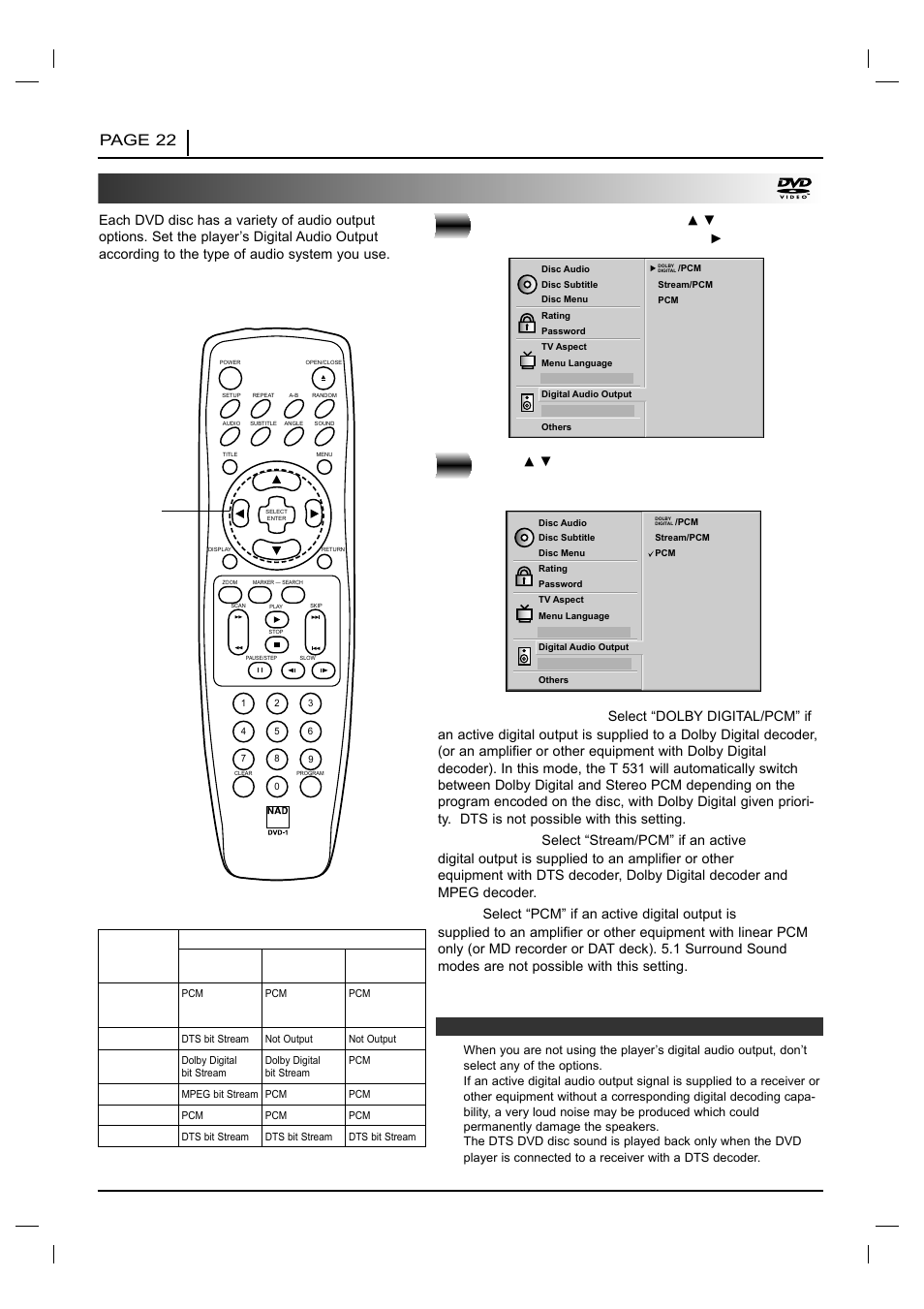 Selecting digital audio output, At the setup screen, press, Press | Stream/pcm, Page 22 initial settings | NAD T 531 User Manual | Page 22 / 43