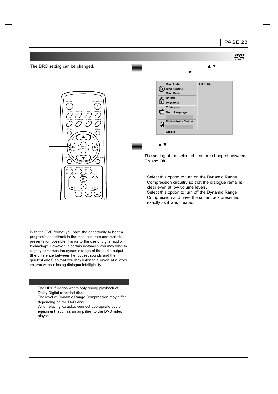 Others, Initial settings page 23, At the setup screen, press | Press, Drc (dynamic range compression) on/off | NAD T 531 User Manual | Page 23 / 43