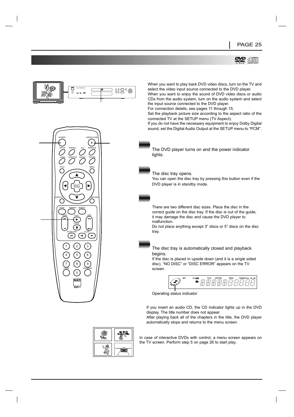 Basic playback, Basic operations page 25, Press power | Press open/close, Press play, When a menu screen appears on the tv screen | NAD T 531 User Manual | Page 25 / 43