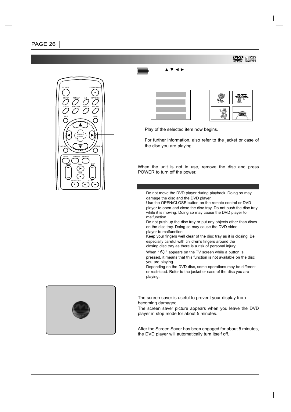 Basic playback (cont’d), Page 26 basic operations, Press | Screen saver, 12 3 4 or | NAD T 531 User Manual | Page 26 / 43