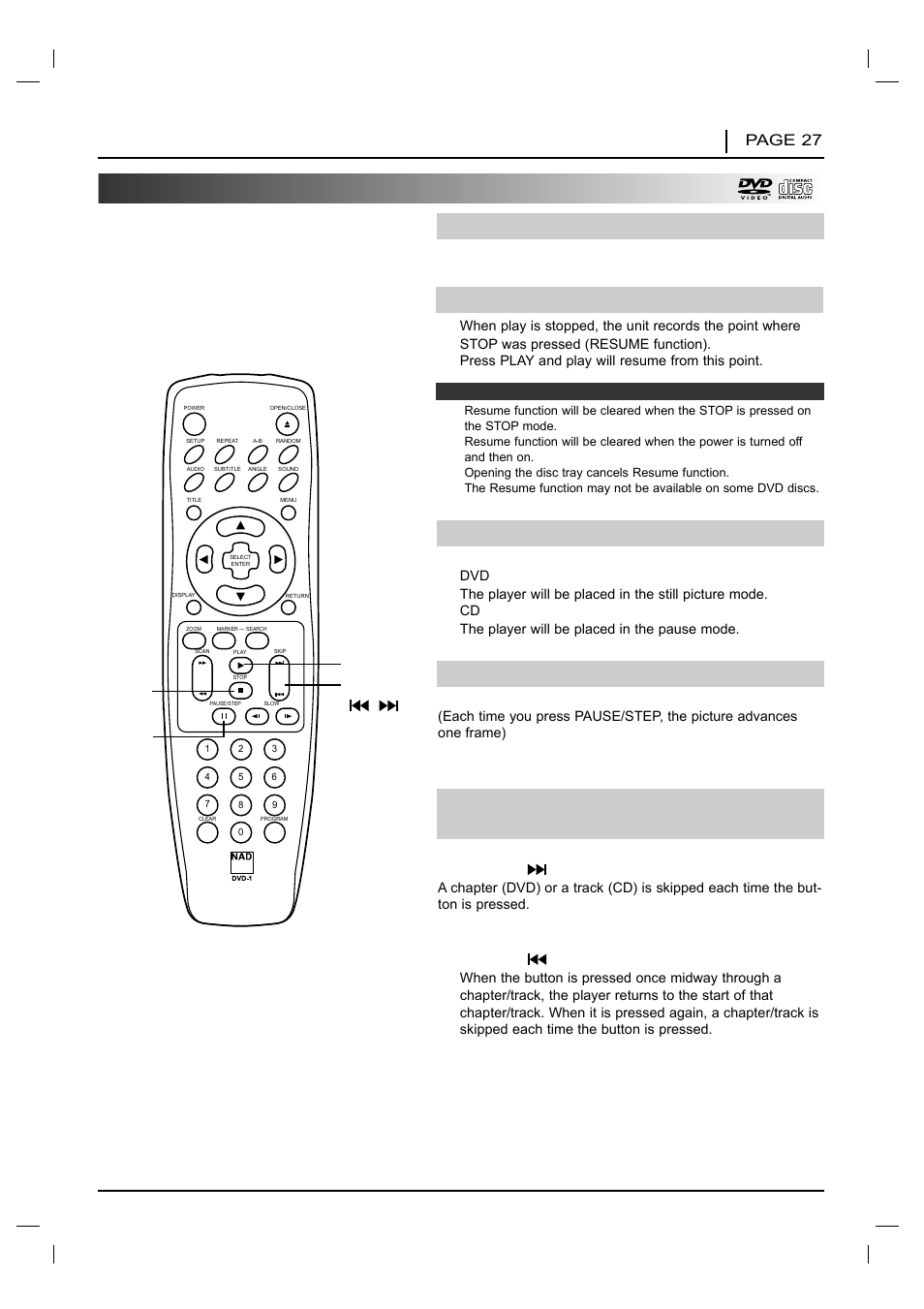 Special playback, Basic operations page 27, Press stop during playback | Press pause/step during playback, Press pause/step during still playback, Skipping back press skip during playback | NAD T 531 User Manual | Page 27 / 43