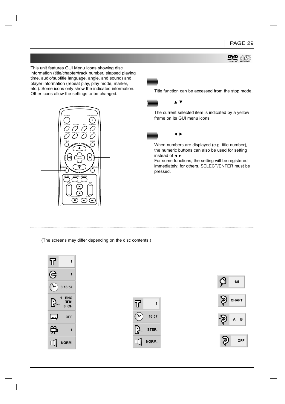 General information about gui menu icons, Common procedures, Operation using gui menu icons page 29 | Press display during playback, Press | NAD T 531 User Manual | Page 29 / 43