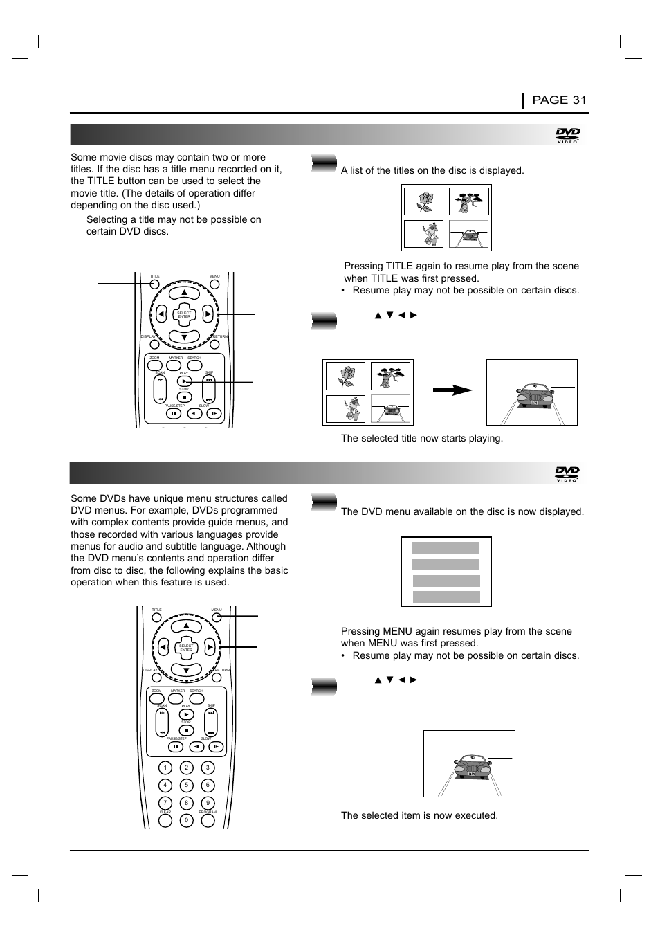 Using a title menu, Using a dvd menu, Advanced operation page 31 | Press title, Press, Press menu during play | NAD T 531 User Manual | Page 31 / 43