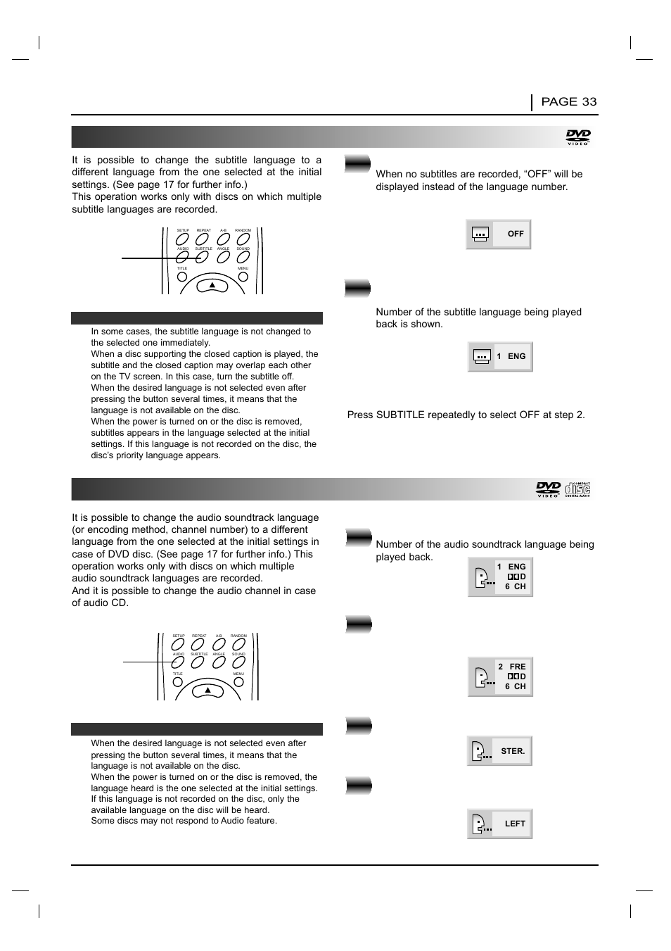 Changing subtitle language, Changing audio soundtrack language, Advanced operation page 33 | Press subtitle during playback, Dvd press audio during play | NAD T 531 User Manual | Page 33 / 43