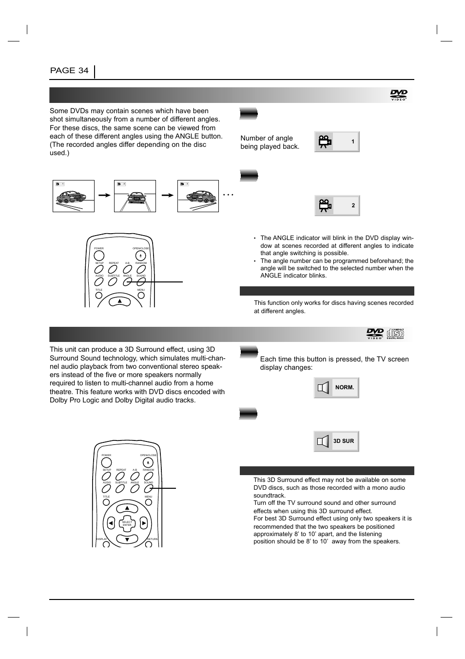 Viewing from another angle, Producing a 3d surround effect, Page 34 advanced operation | Press sound during playback, Press angle during playback | NAD T 531 User Manual | Page 34 / 43