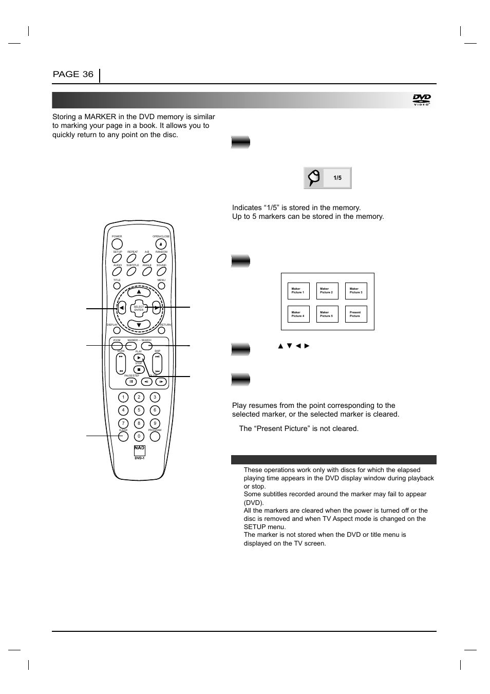 Recalling/clearing a marker, Page 36 advanced operation, Press search during playback. press | NAD T 531 User Manual | Page 36 / 43