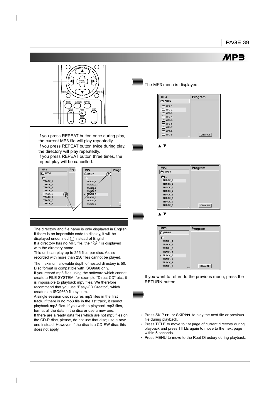 Playback with mp3 to play an mp3 file, Advanced operation page 39, Load an mp3 disc | Press | NAD T 531 User Manual | Page 39 / 43