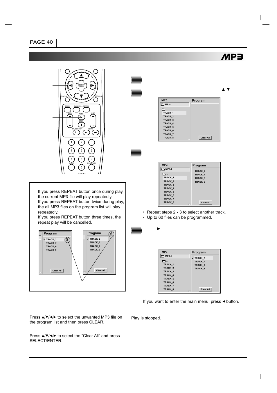 Page 40 advanced operation, Press, After playback all tracks programmed | Clearing the program | NAD T 531 User Manual | Page 40 / 43