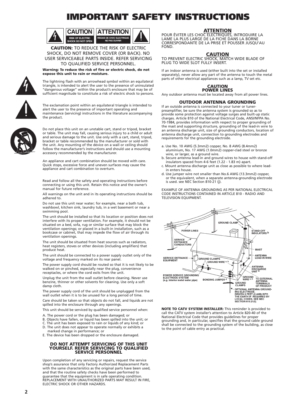 Important safety instructions, Attention, Caution | NAD C542 User Manual | Page 2 / 44