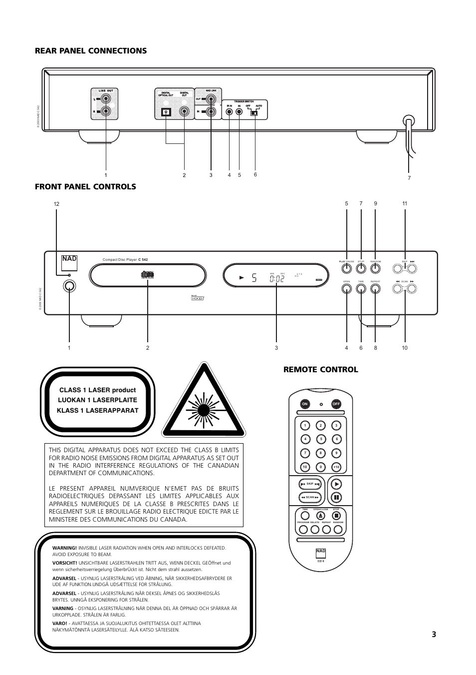 3front panel controls rear panel connections, Remote control | NAD C542 User Manual | Page 3 / 44