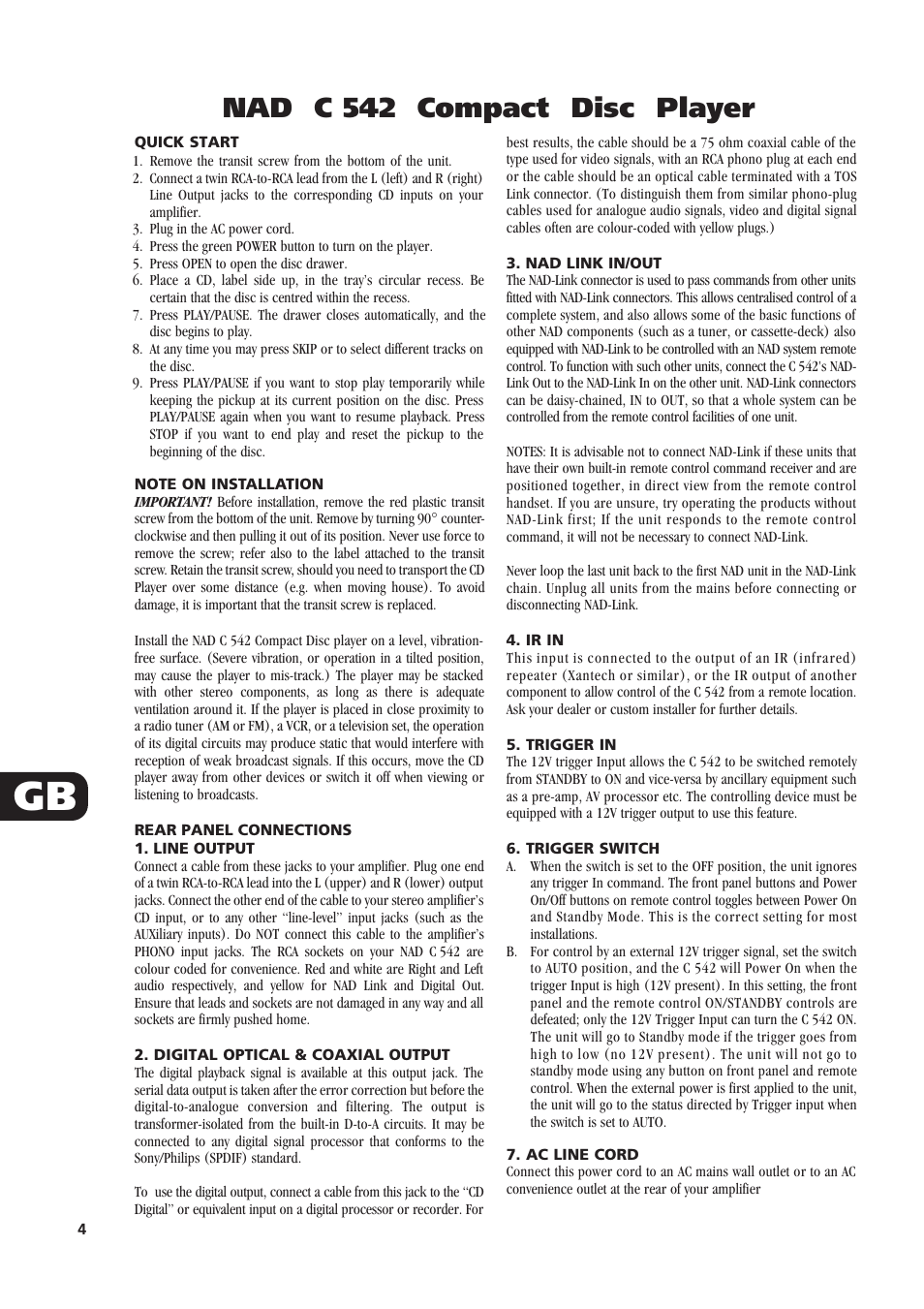 Nad c 542 compact disc player | NAD C542 User Manual | Page 4 / 44