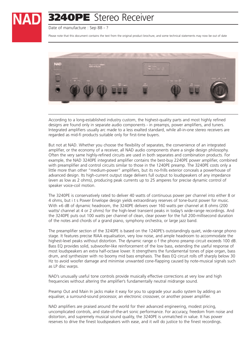 NAD 3240PE User Manual | 2 pages