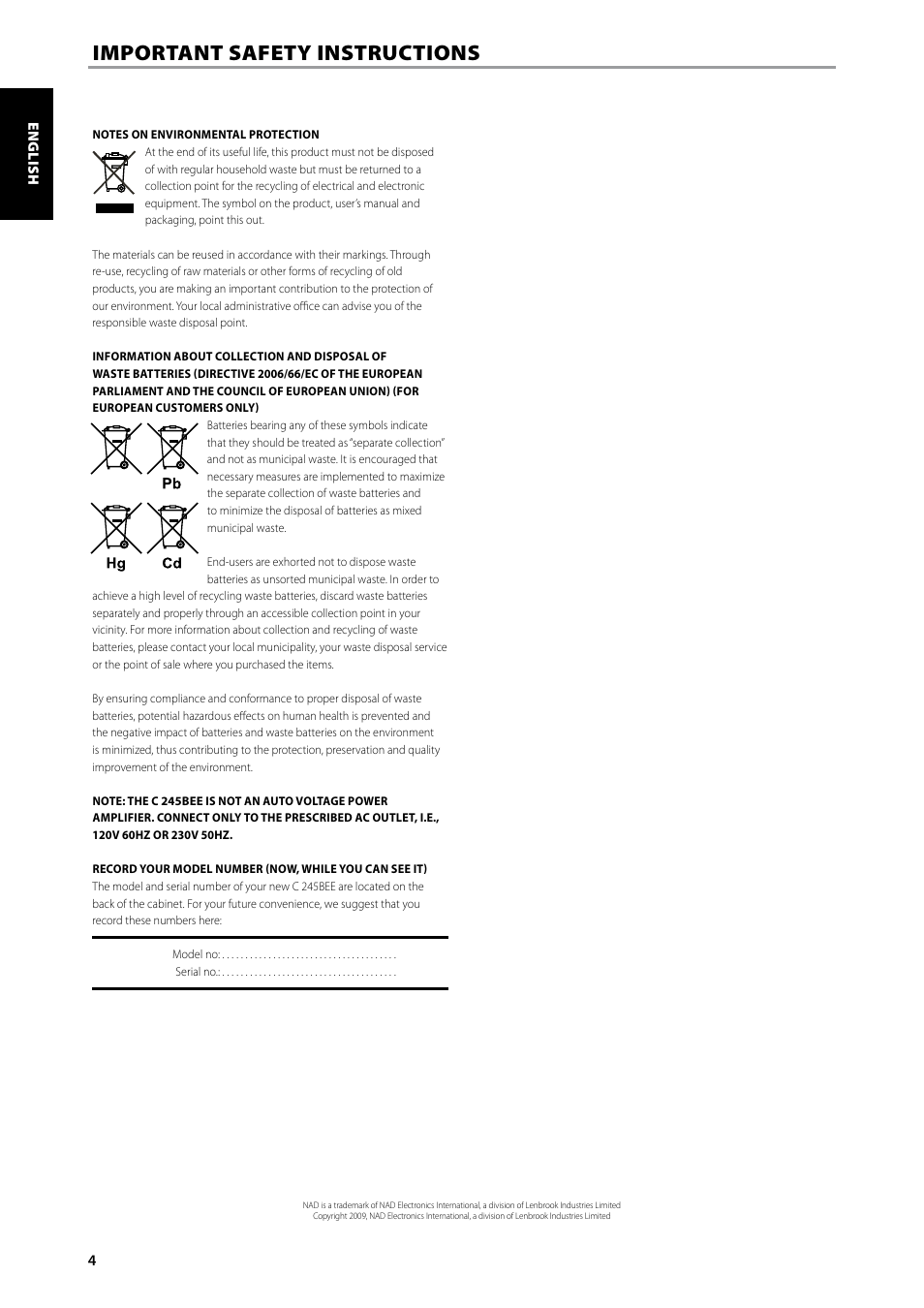 Important safety instructions | NAD C245BEE User Manual | Page 4 / 12