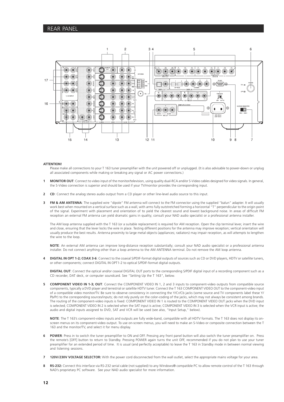 Rear panel | NAD 163AV User Manual | Page 12 / 33