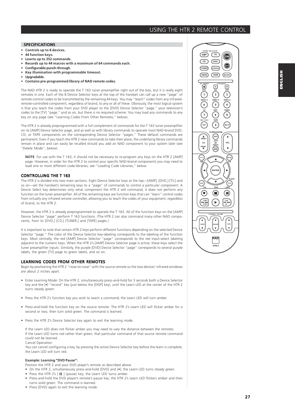Using the htr 2 remote control | NAD 163AV User Manual | Page 27 / 33