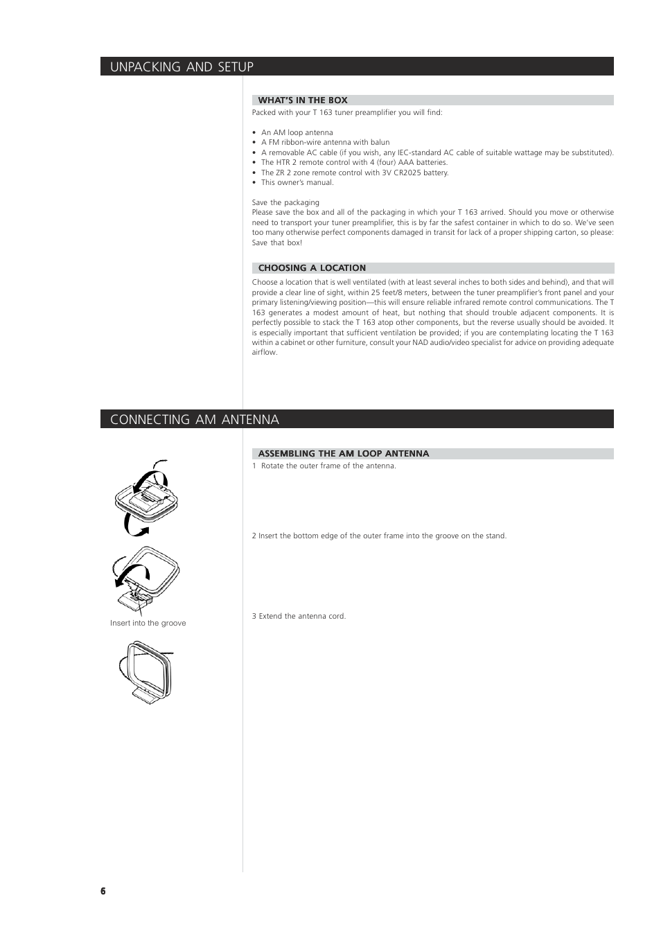 Unpacking and setup, Connecting am antenna | NAD 163AV User Manual | Page 6 / 33