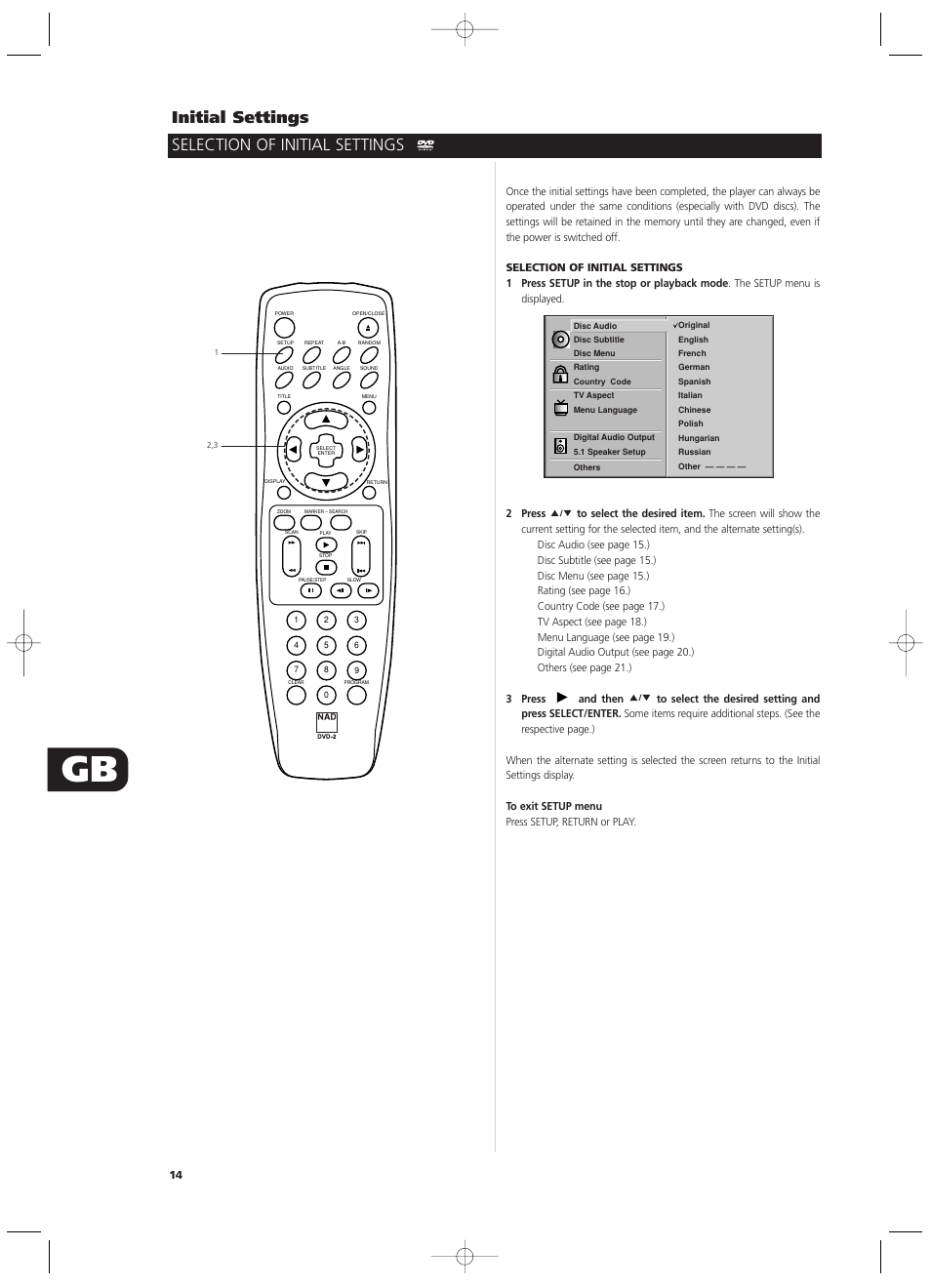 Initial settings, Selection of initial settings | NAD T512 User Manual | Page 14 / 42