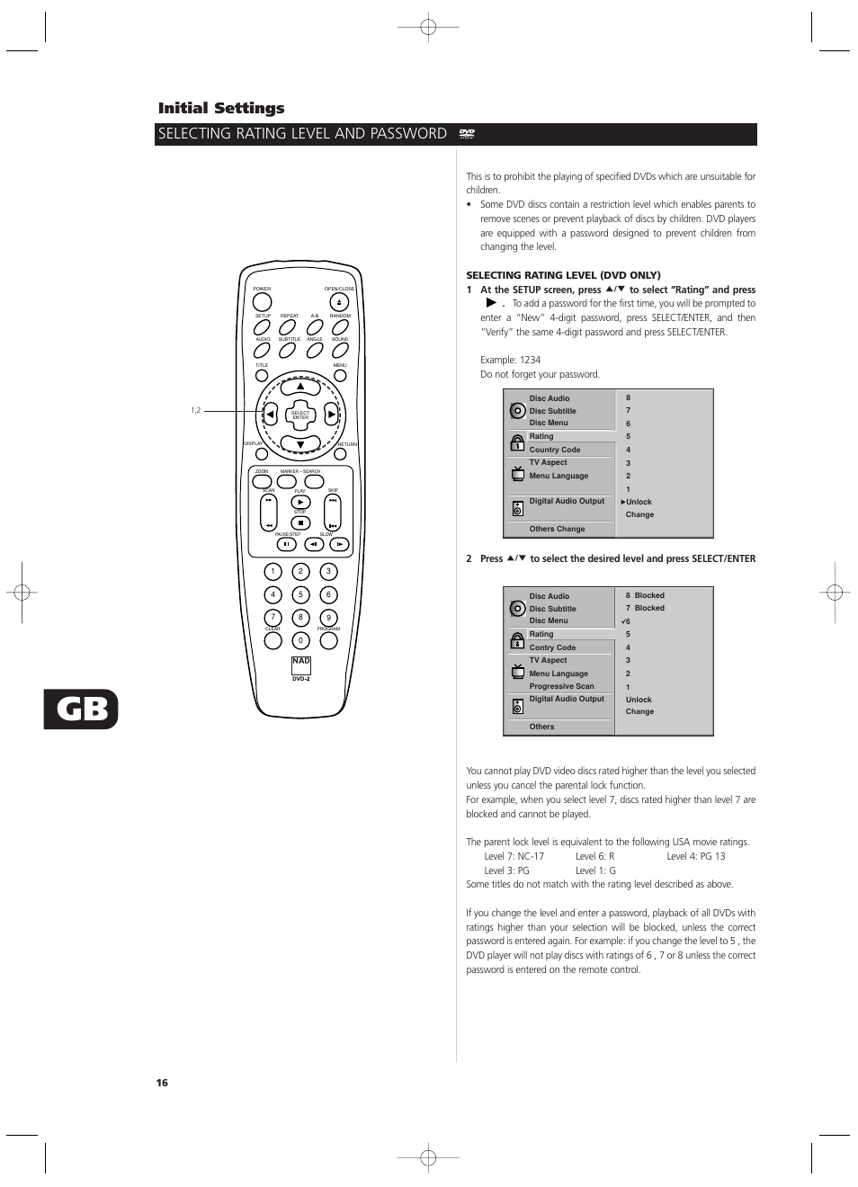 Initial settings, Selecting rating level and password | NAD T512 User Manual | Page 16 / 42