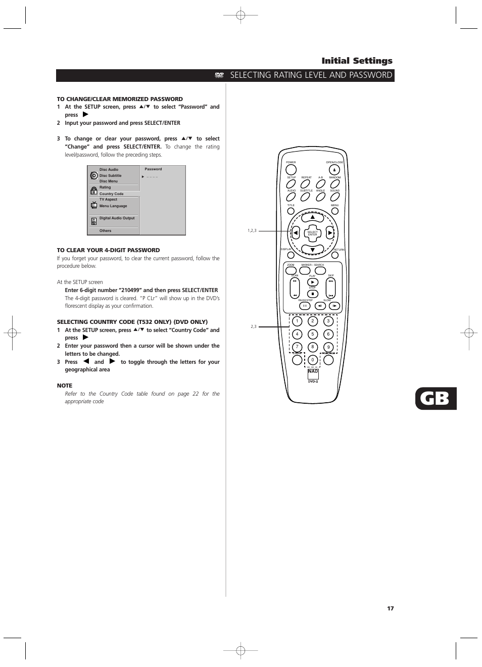 Initial settings, Selecting rating level and password | NAD T512 User Manual | Page 17 / 42