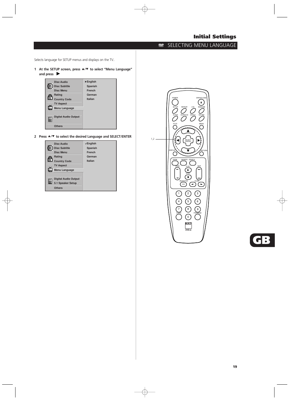Initial settings, Selecting menu language | NAD T512 User Manual | Page 19 / 42