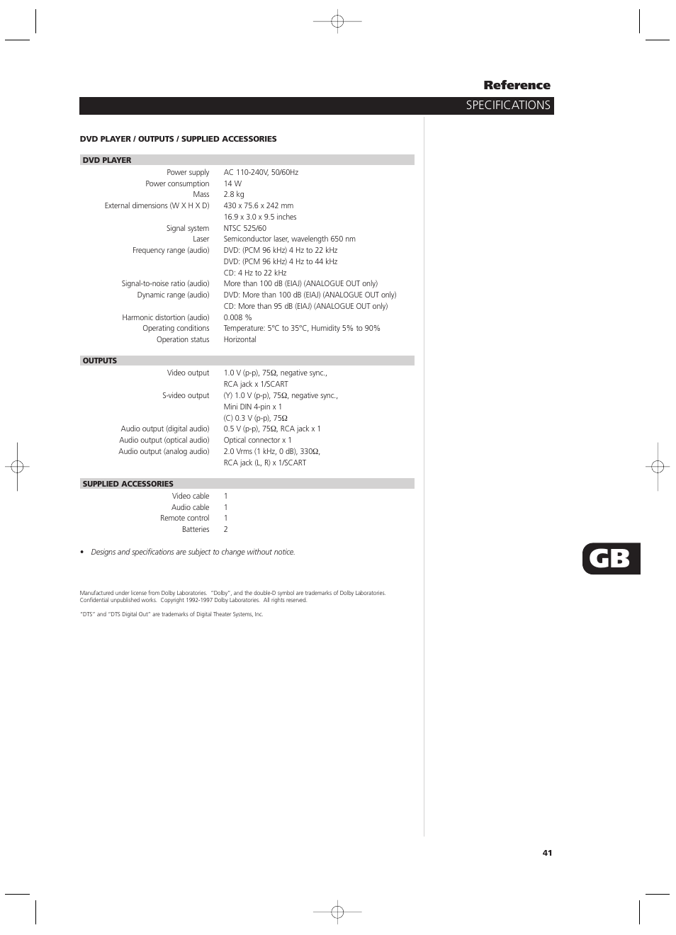 Specifications reference | NAD T512 User Manual | Page 41 / 42
