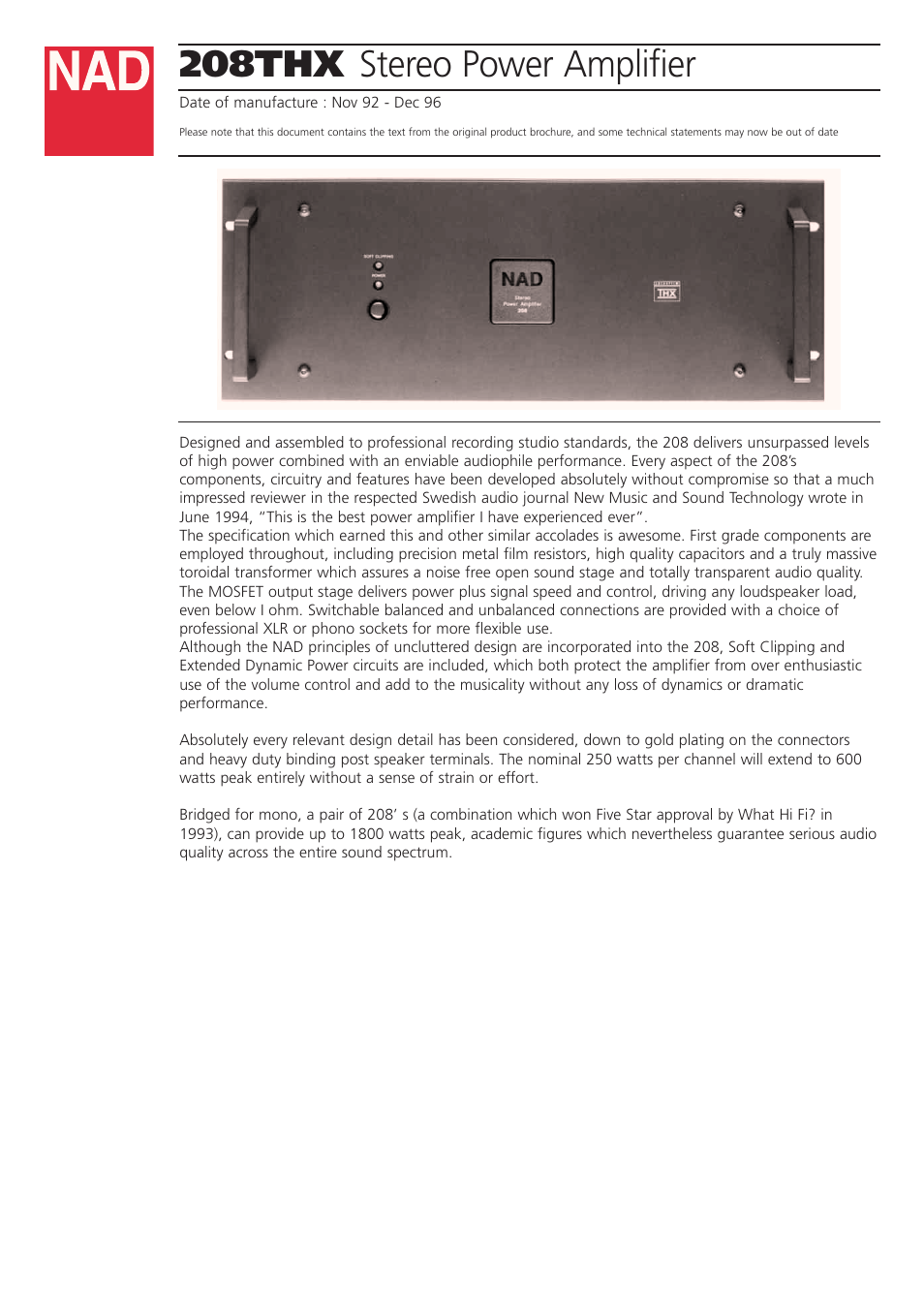 NAD 208THX User Manual | 2 pages